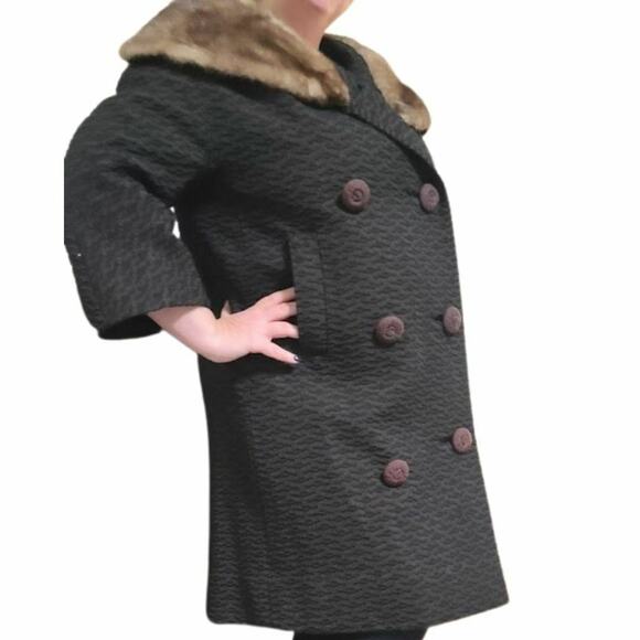 VTG Coat Len Artel Mink Fur Trim ILGWU 3/4 Sleeve MCM Jacket Gray Brown - Picture 3 of 10